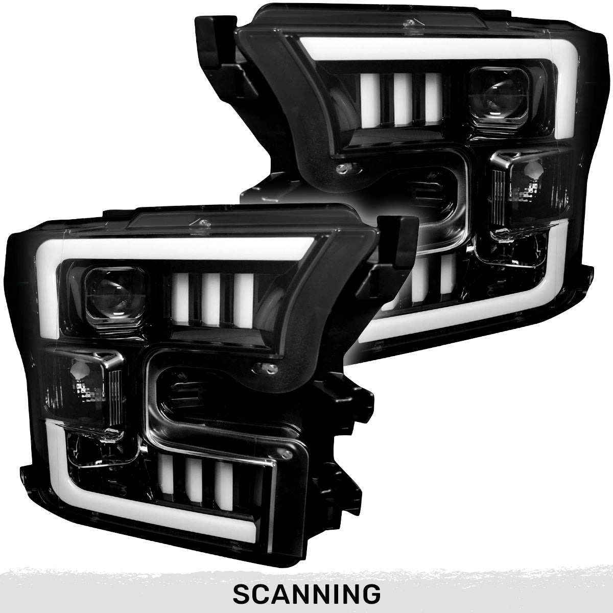 Ford F150 15-17 Projector Headlights w/ Ultra High Power Smooth White OLED DRL Scanning Amber LED Turn Signals (Replaces OEM Halogen Style Headlights) - Smoked/Black