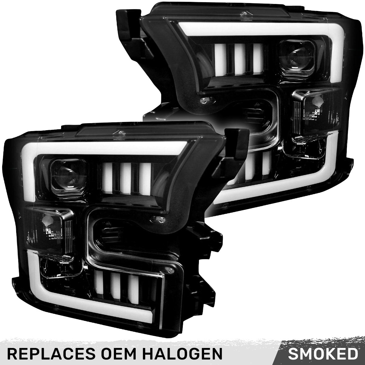 Ford F150 15-17 Projector Headlights w/ Ultra High Power Smooth White OLED DRL Scanning Amber LED Turn Signals (Replaces OEM Halogen Style Headlights) - Smoked/Black