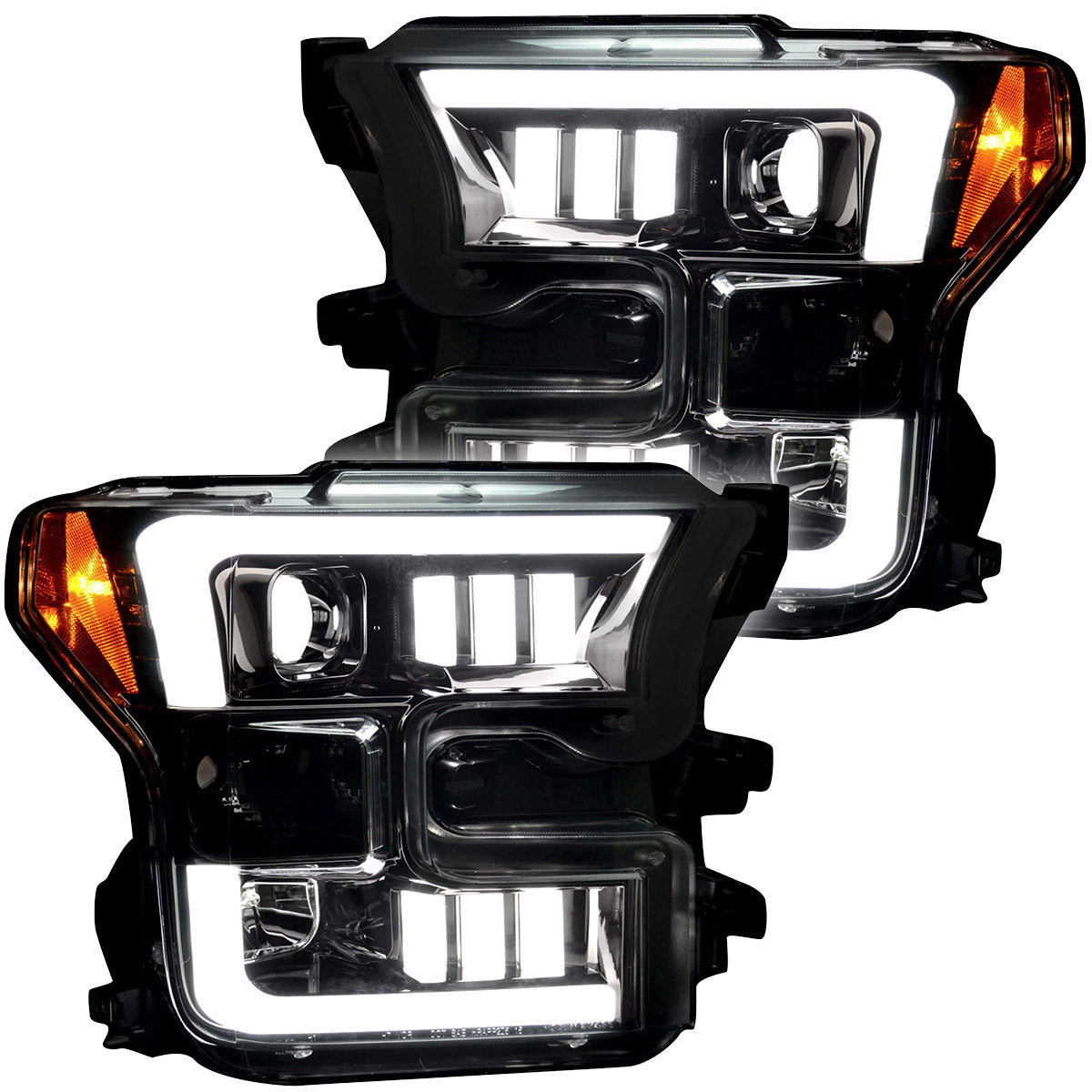 Ford F150 15-17 Projector Headlights w/ Ultra High Power Smooth White OLED DRL Scanning Amber LED Turn Signals (Replaces OEM Halogen Style Headlights) - Smoked/Black