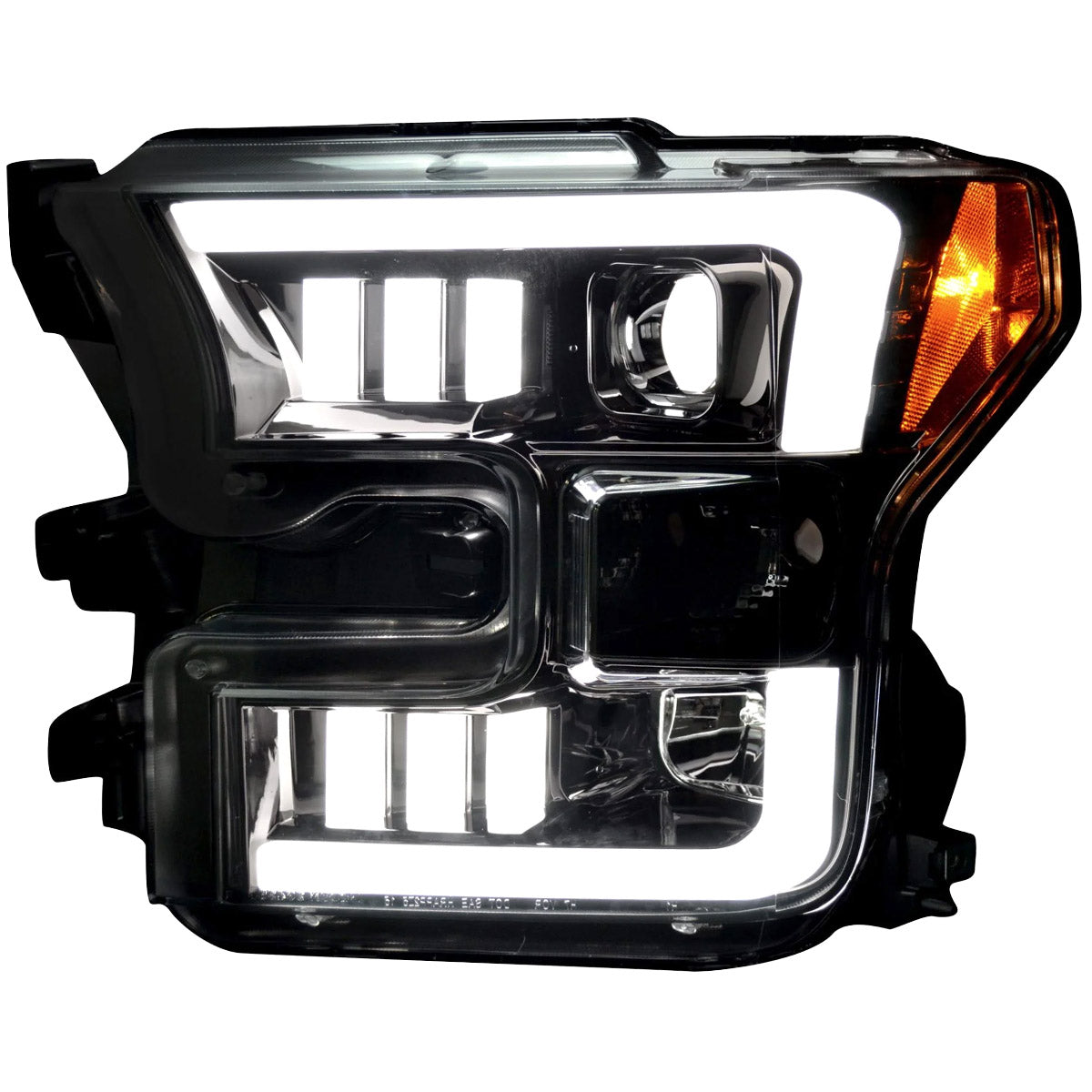 Ford F150 15-17 Projector Headlights w/ Ultra High Power Smooth White OLED DRL Scanning Amber LED Turn Signals (Replaces OEM Halogen Style Headlights) - Smoked/Black