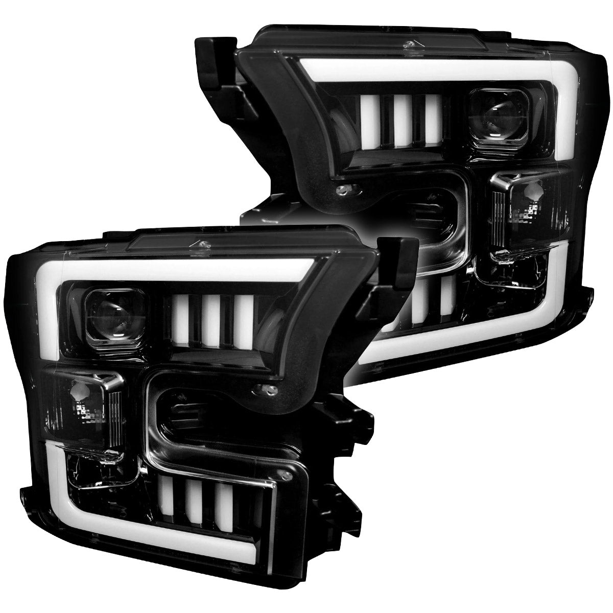 Ford F150 15-17 Projector Headlights w/ Ultra High Power Smooth White OLED DRL Scanning Amber LED Turn Signals (Replaces OEM Halogen Style Headlights) - Smoked/Black