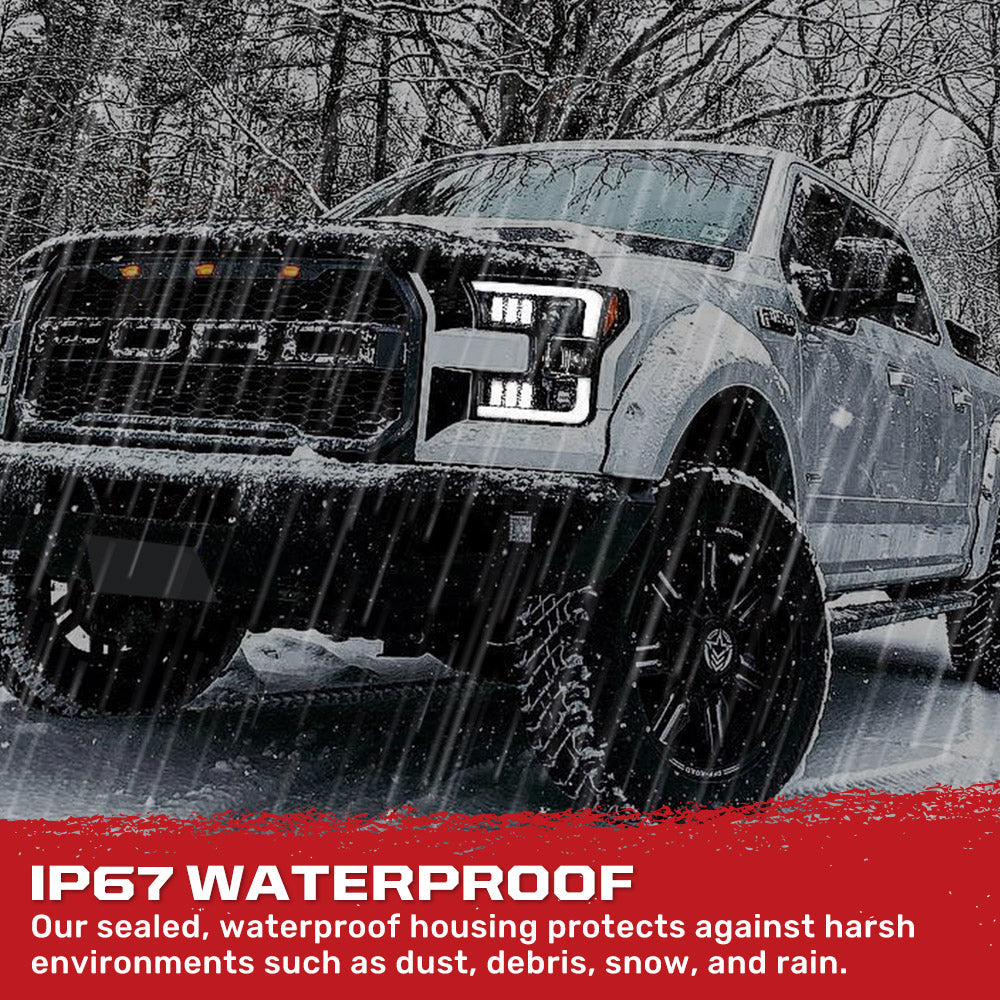 Ford F150 15-17 Projector Headlights w/ Ultra High Power Smooth White OLED DRL Scanning Amber LED Turn Signals (Replaces OEM Halogen Style Headlights) - Smoked/Black