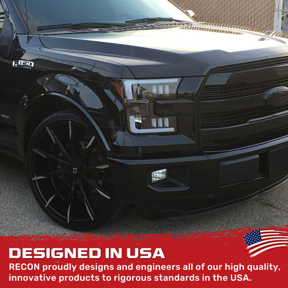 Ford F150 15-17 Projector Headlights w/ Ultra High Power Smooth White OLED DRL Scanning Amber LED Turn Signals (Replaces OEM Halogen Style Headlights) - Smoked/Black