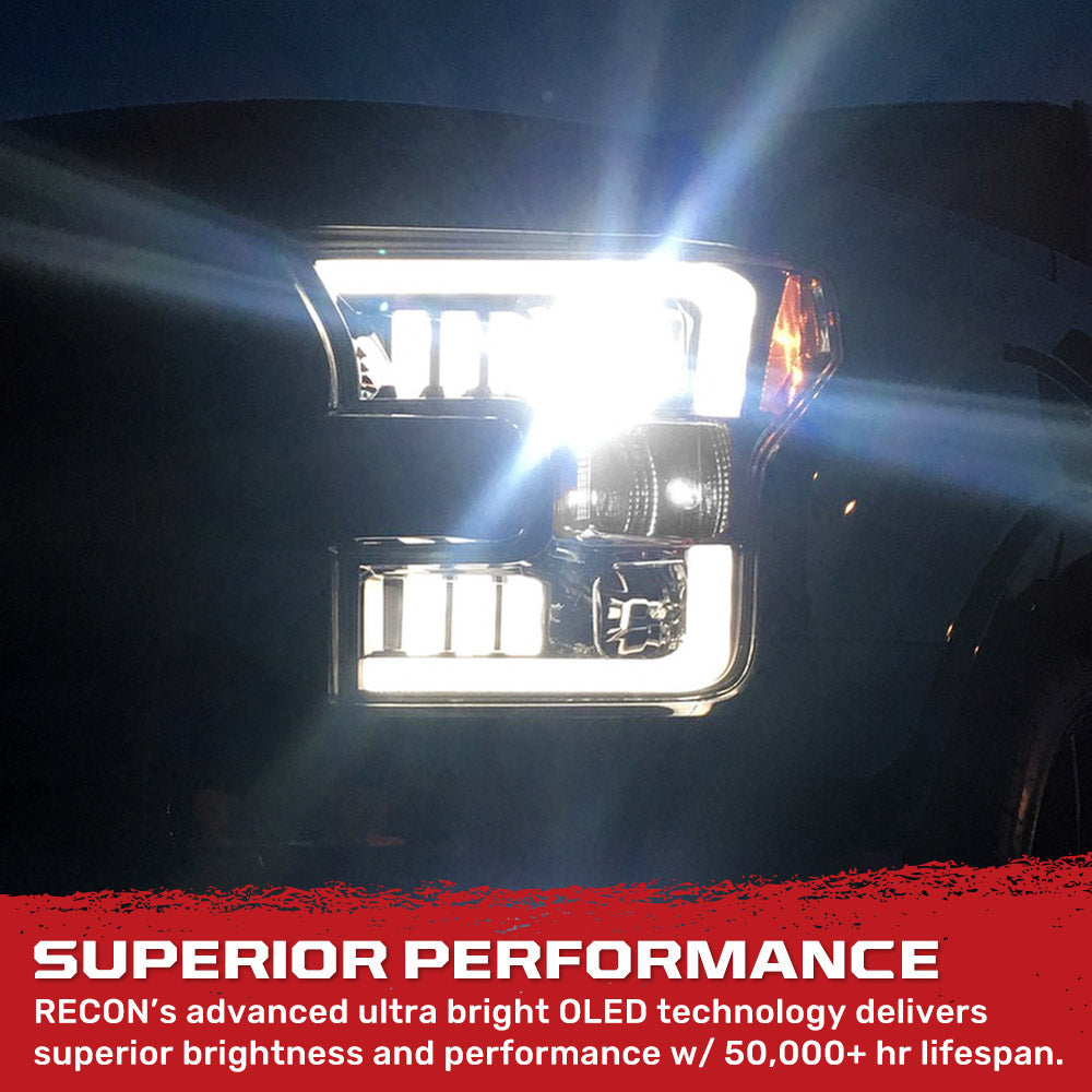 Ford F150 15-17 Projector Headlights w/ Ultra High Power Smooth White OLED DRL Scanning Amber LED Turn Signals (Replaces OEM Halogen Style Headlights) - Smoked/Black