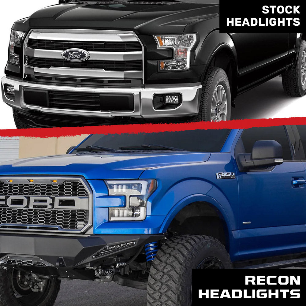 Ford F150 15-17 Projector Headlights w/ Ultra High Power Smooth White OLED DRL Scanning Amber LED Turn Signals (Replaces OEM Halogen Style Headlights) - Smoked/Black