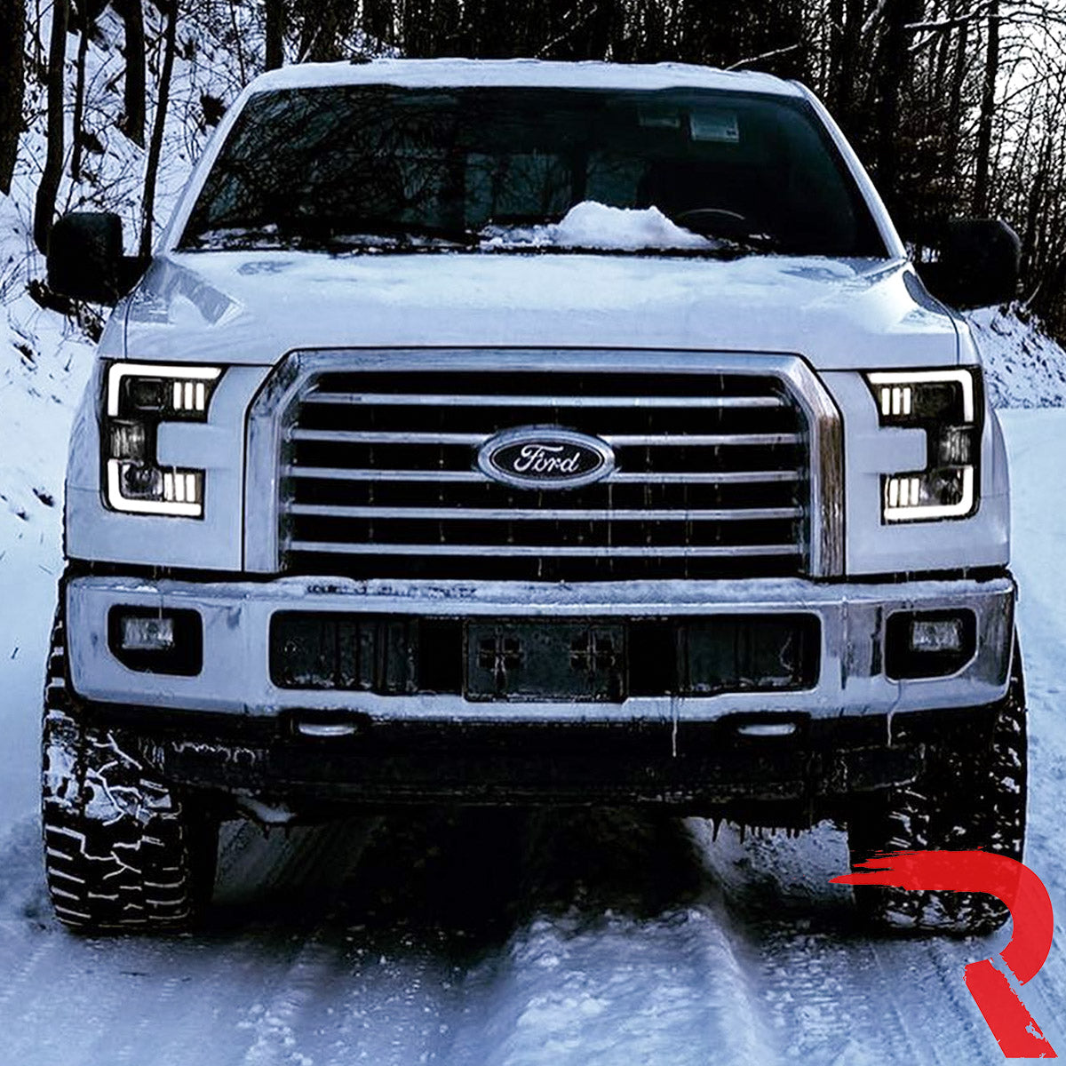 Ford F150 15-17 Projector Headlights w/ Ultra High Power Smooth White OLED DRL Scanning Amber LED Turn Signals (Replaces OEM Halogen Style Headlights) - Smoked/Black