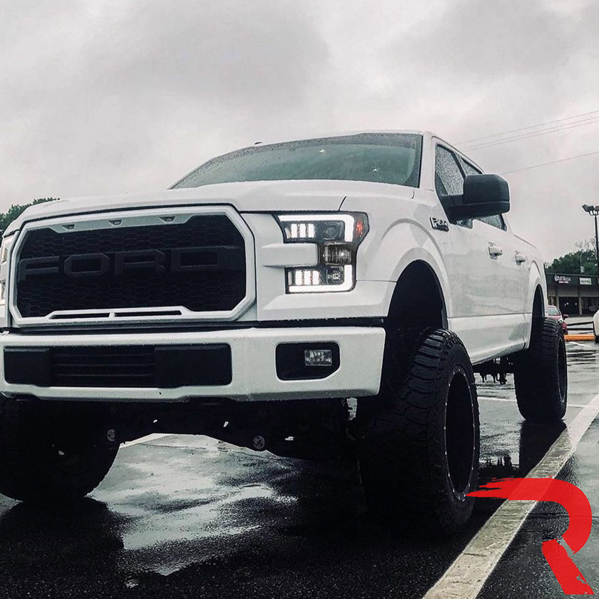 Ford F150 15-17 Projector Headlights w/ Ultra High Power Smooth White OLED DRL Scanning Amber LED Turn Signals (Replaces OEM Halogen Style Headlights) - Smoked/Black