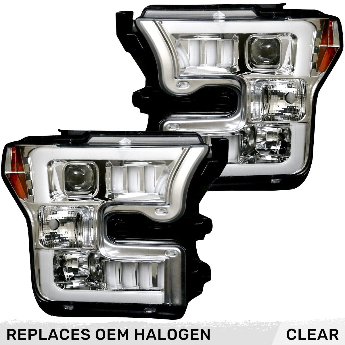 Ford F150 15-17 Projector Headlights Ultra High Power Smooth White OLED DRL (Replaces OEM Halogen Headlights) - Multiple Styles