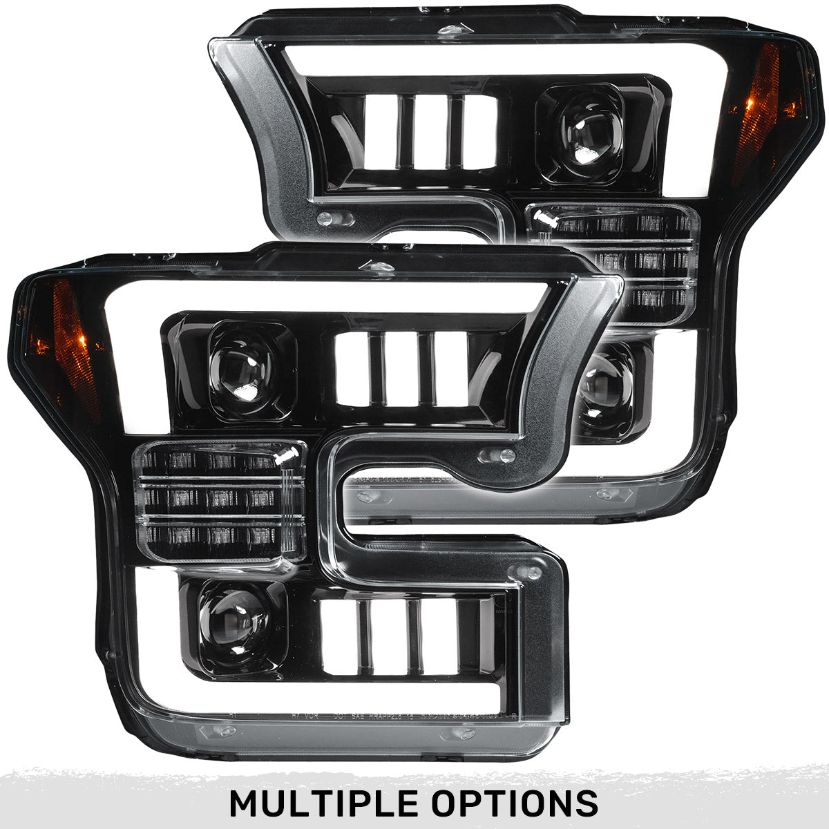 Ford F150 15-17 LED Projector Headlights w/ Ultra High Power Smooth White OLED DRL w/ Scanning Amber Turn Signals (Replaces OEM Halogen Headlights) - Multiple Styles