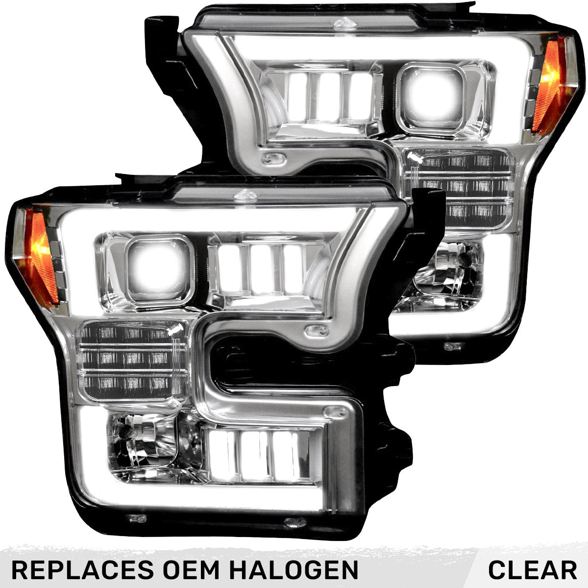 Ford F150 15-17 LED Projector Headlights w/ Ultra High Power Smooth White OLED DRL w/ Scanning Amber Turn Signals (Replaces OEM Halogen Headlights) - Multiple Styles