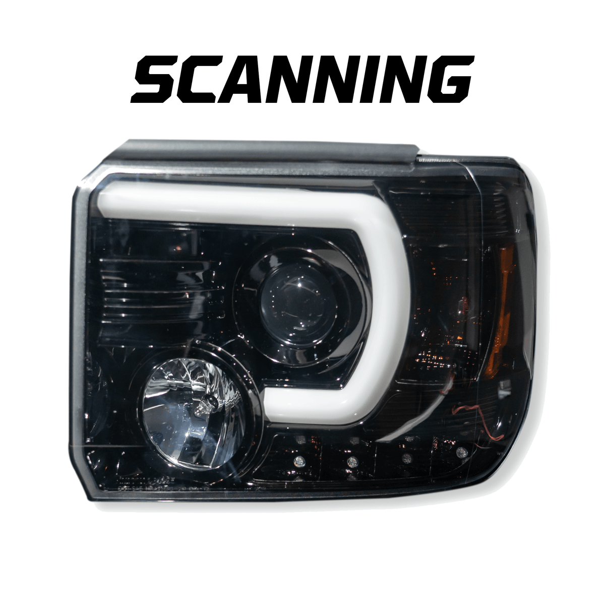 GMC Sierra 3500 15-19 Dually Projector Headlights w OLED Amber DRLs & Scanning OLED Amber Turn Signals in Smoked/Black