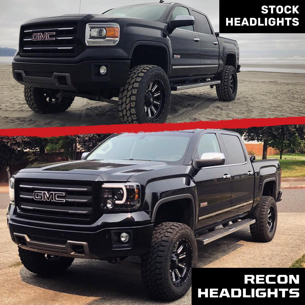 GMC Sierra 1500 14-18 Projector Headlights w OLED Amber DRLs & Scanning OLED Amber Turn Signals Smoked/Black