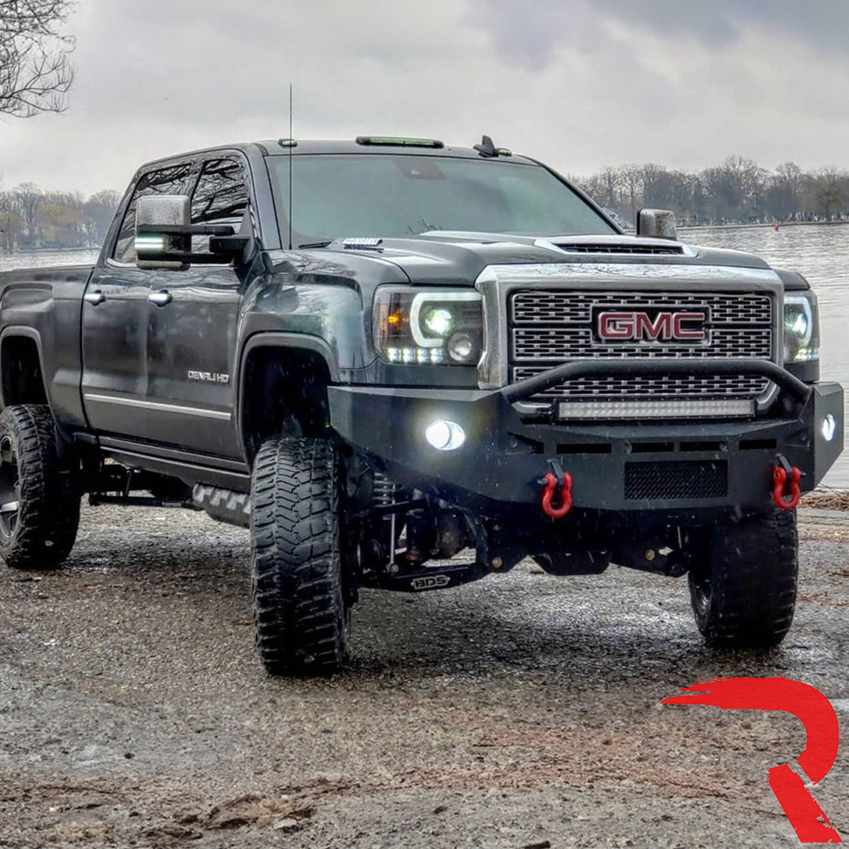 GMC Sierra 2500/3500 14-19 Single-Wheel HD Projector Headlights w OLED Amber DRLs & Scanning OLED Amber Turn Signals in Smoked/Black