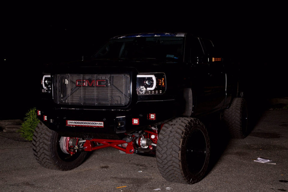 GMC Sierra 1500 14-18 Projector Headlights w OLED Amber DRLs & Scanning OLED Amber Turn Signals Smoked/Black