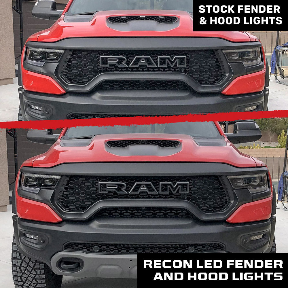 Dodge 21-26 RAM 1500 TRX 7-PC Fender & Hood Light Kit Smoked Lens White or Amber LED Running Lights w/ Startup Light Sequence - Multiple Options