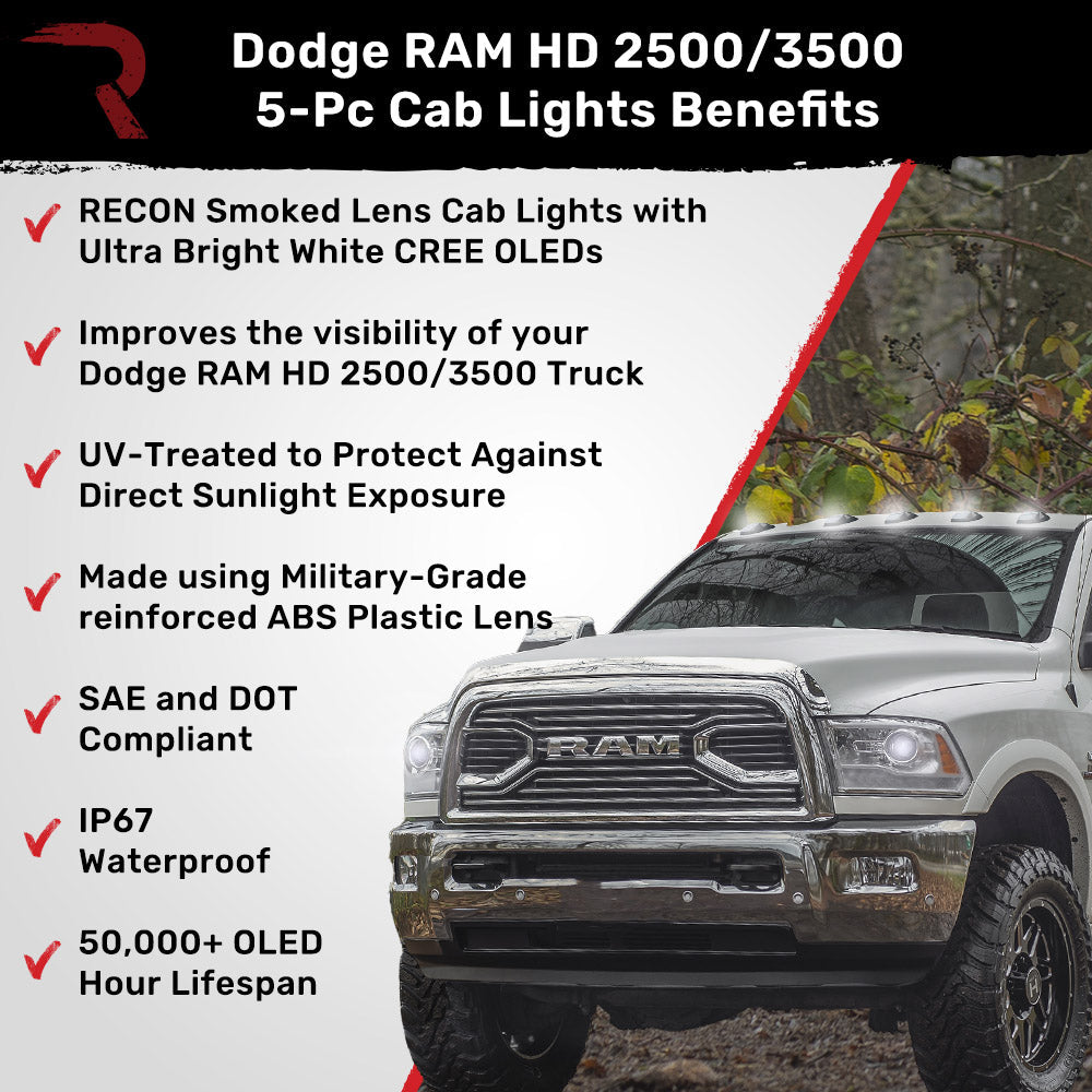 Dodge RAM HD 2500/3500 19-26 5 Piece Cab Roof Light Set 2-Way Front & Rear Facing Ultra High-Power LEDs Multiple Lens & Colors