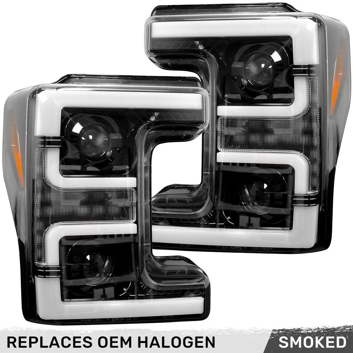 Ford Super Duty 17-19 Projector Headlights White OLED DRL, Scanning Amber LED Turn Signals - Multiple Styles