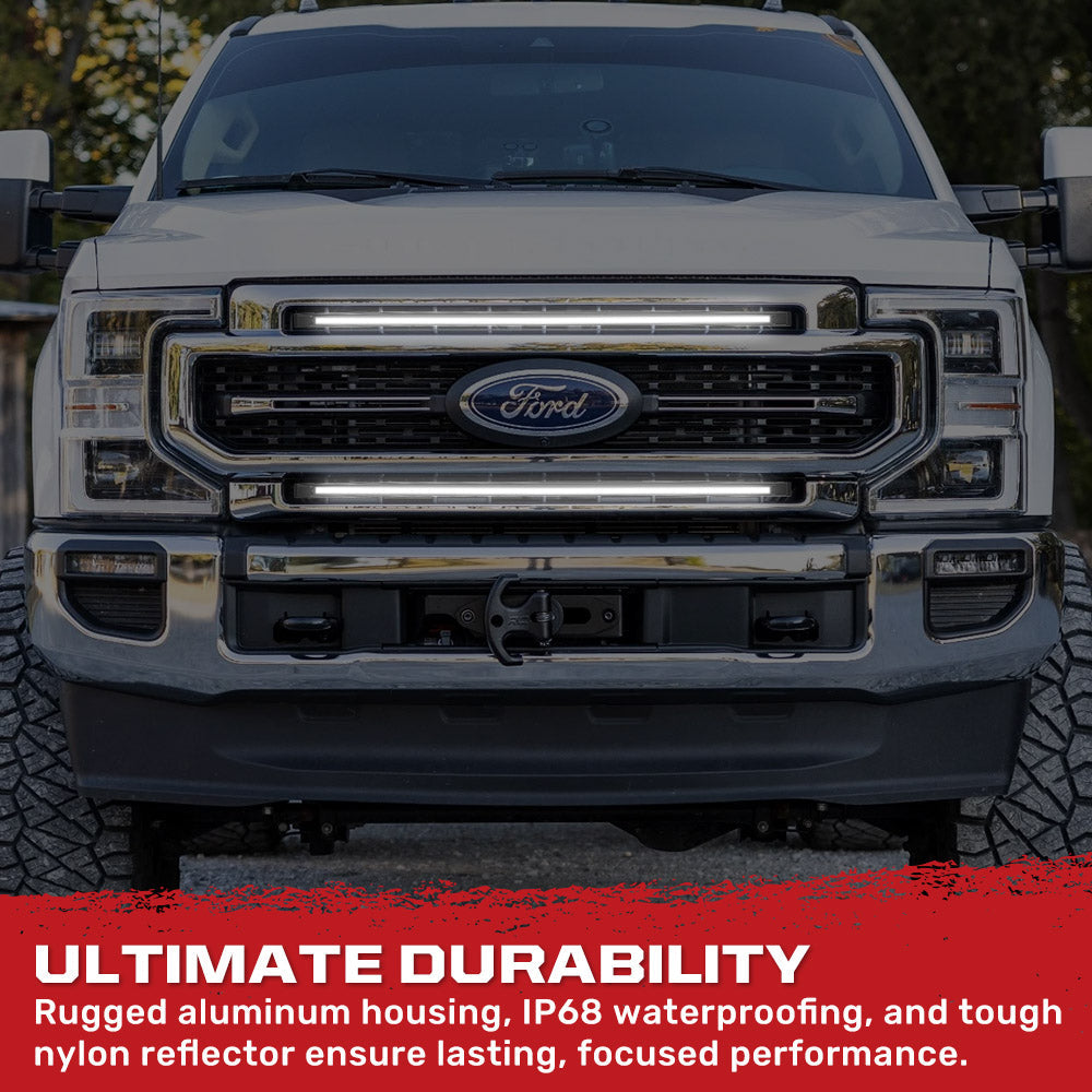 Ford 17-22 Super Duty (F250, F350) 37" Aluminum Grille Mount 2-Piece Kit Ultra Bright White LED DRL Lights - Smoked Lens