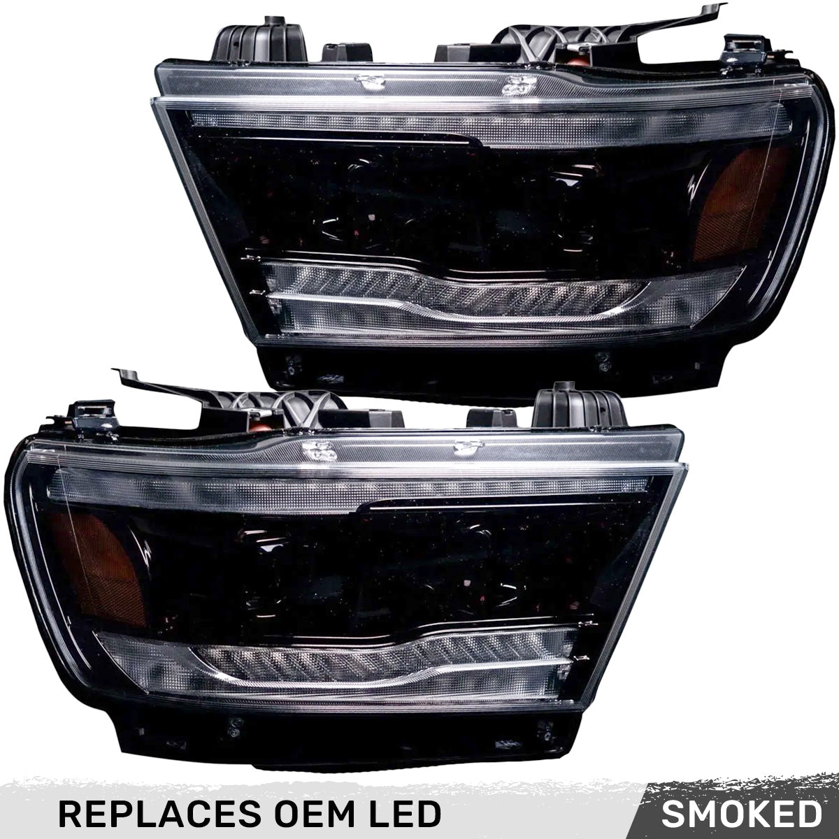 Dodge 19-24 RAM 1500 LED Projector Headlights Ultra High Power Smooth White OLED DRL & Scanning Amber LED Turn Signals w/ Startup Light Sequence (Replaces OEM LED Only) - Smoked / Black
