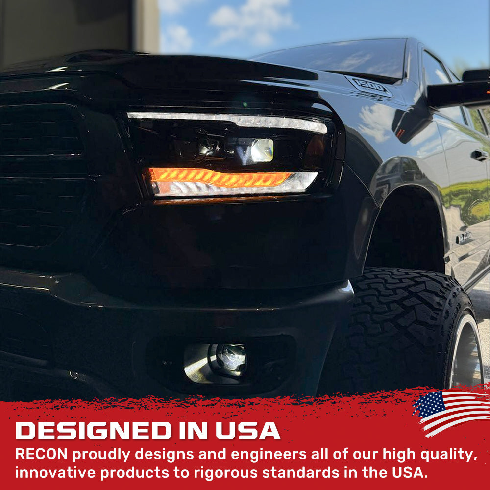 Dodge 19-24 RAM 1500 LED Projector Headlights Ultra High Power Smooth White OLED DRL & Scanning Amber LED Turn Signals w/ Startup Light Sequence (Replaces OEM LED Only) - Smoked / Black