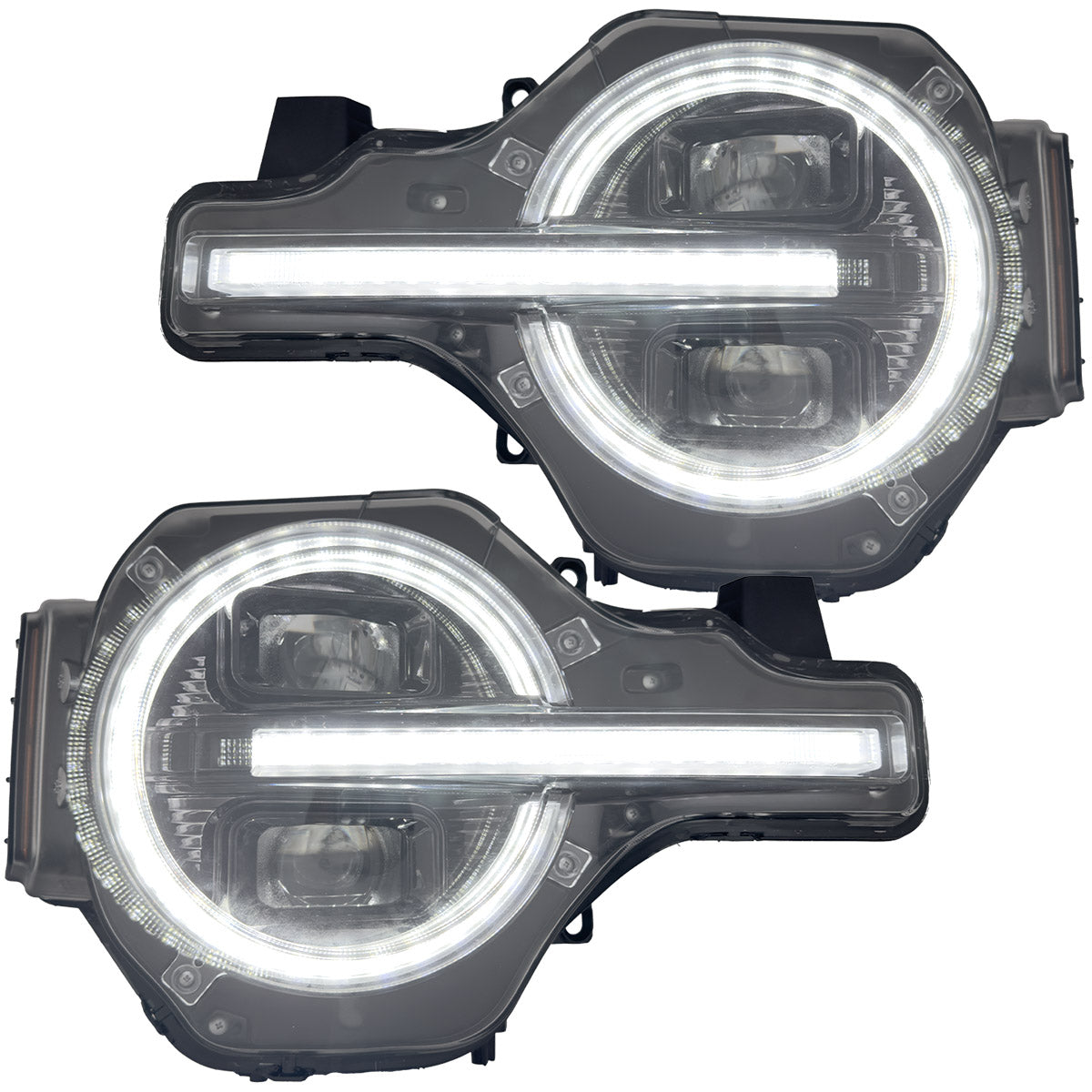 Ford Bronco 21-26 LED Projector Headlights w/ Ultra High Power LED High/Low Beams & White OLED DRL w/ Start-Up Lighting Sequence & Scanning Amber LED Turn Signals - Smoked / Black