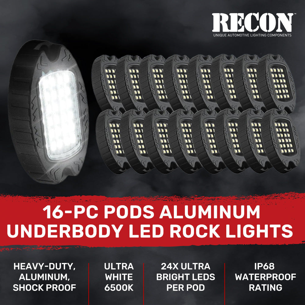 Universal 16-Pc Heavy Duty Aluminum Ultra Bright 6500K LED Underbody Rock Lights - White RECON Universal 16-Pc Heavy Duty Aluminum Ultra Bright 6500K LED Underbody Rock Lights - White Universal 16-Pc Heavy Duty Aluminum Ultra Bright 6500K LED Underbody Rock Lights - White Universal 16-Pc Heavy Duty Aluminum Ultra Bright 6500K LED Underbody Rock Lights - White Universal 16-Pc Heavy Duty Aluminum Ultra Bright 6500K LED Underbody Rock Lights - White