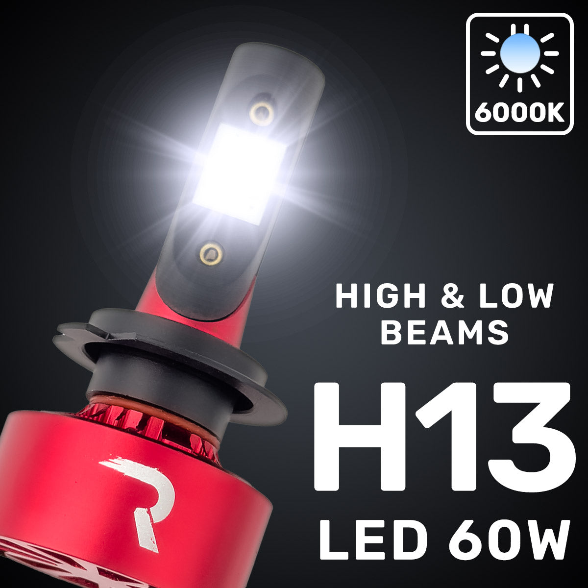 H13 9008 12V Ultra High-Power 60-Watt LED Headlight Bulbs (Hi & Low Beams) 6000K Color