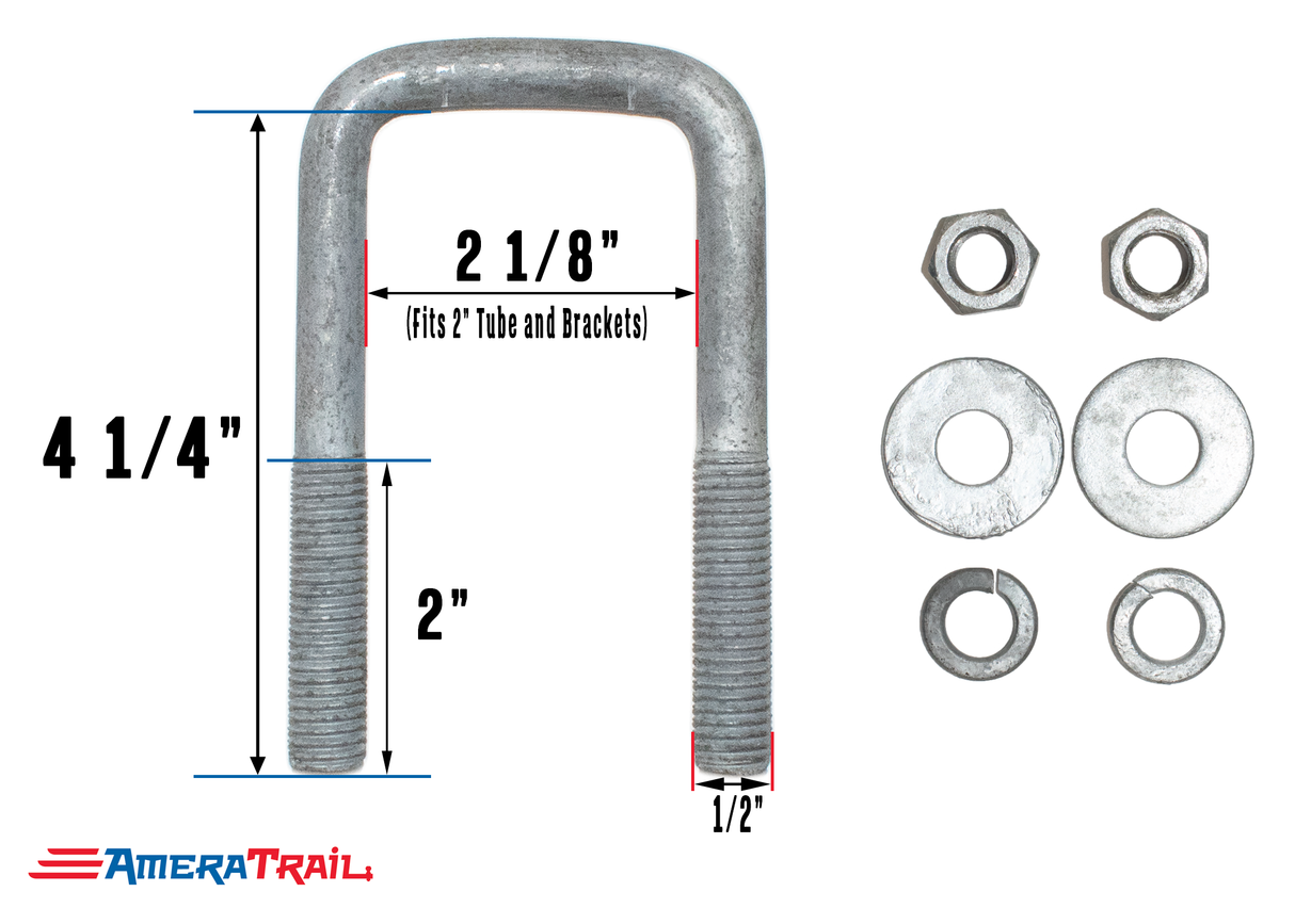 Galvanized U Bolt 2 1/8" x 4 1/4" x 1/2" w/ 2 Flat Washers, 2 Lock Washers, & 2 Nuts