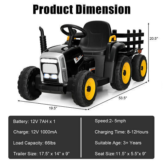 3-Gear-Shift Ride-On Tractor for Kids 3+ Years - Black
