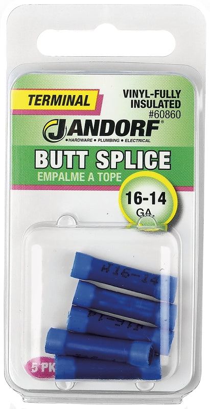 Butt Splice Connector, 16 to 14 AWG Wire, Vinyl Insulation, Copper Contact, Blue, 5/PK #60860 Jandorf