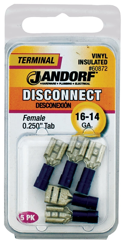 Disconnect Terminal, 16 to 14 AWG Wire, Vinyl Insulation, Copper Contact, Tin, Blue, 5/PK #60872 Jandorf