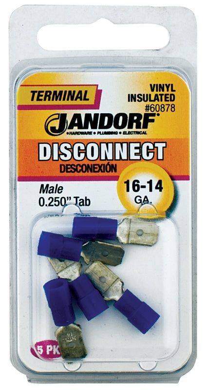 Disconnect Terminal, 16 to 14 AWG Wire, Vinyl Insulation, Copper Contact, 5/PK #60878 Jandorf