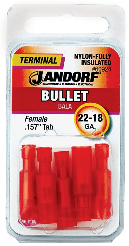 Jandorf Bullet Terminal, 600 V, 22 to 18 AWG Wire, Nylon Insulation, Copper Contact, Red, Tin, 5/PK #60924 Jandorf