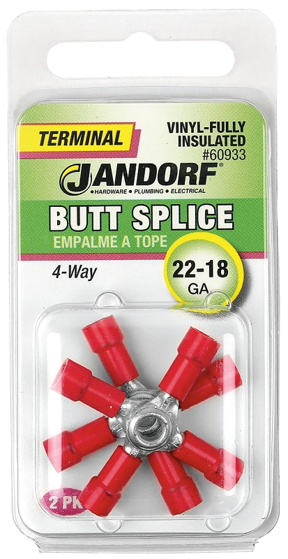 Butt Splice Connector, 22 to 18 AWG Wire, Vinyl Insulation, Copper Contact, Red, 2/PK #60933 Jandorf