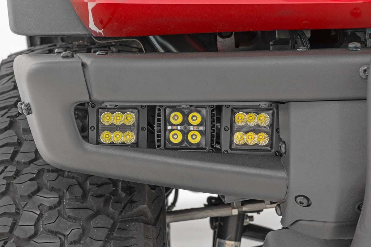 LED Light Kit Fog Mount Triple 2 Inch Black Pair Amber DRL Ford Bronco (21-25) Rough Country