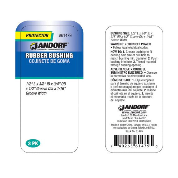 BUSHING Rubber 3/4 OD 3 PK #61479 Jandorf