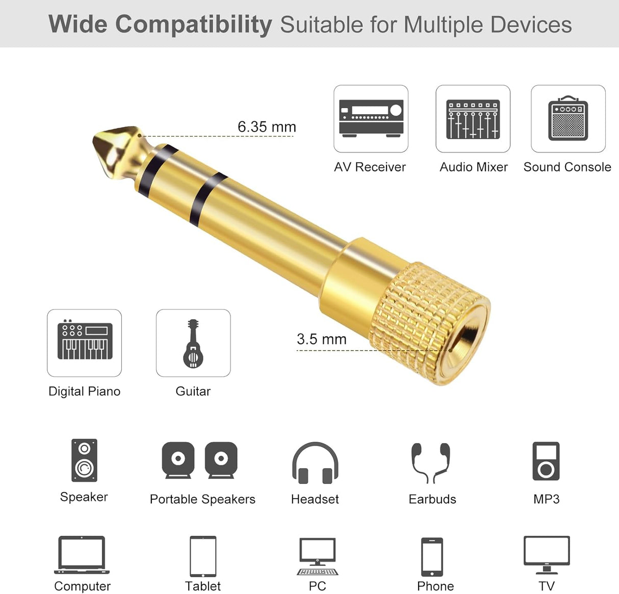 3.5mm to 1/4" Stereo Audio Adapter Gold Plated TekShack