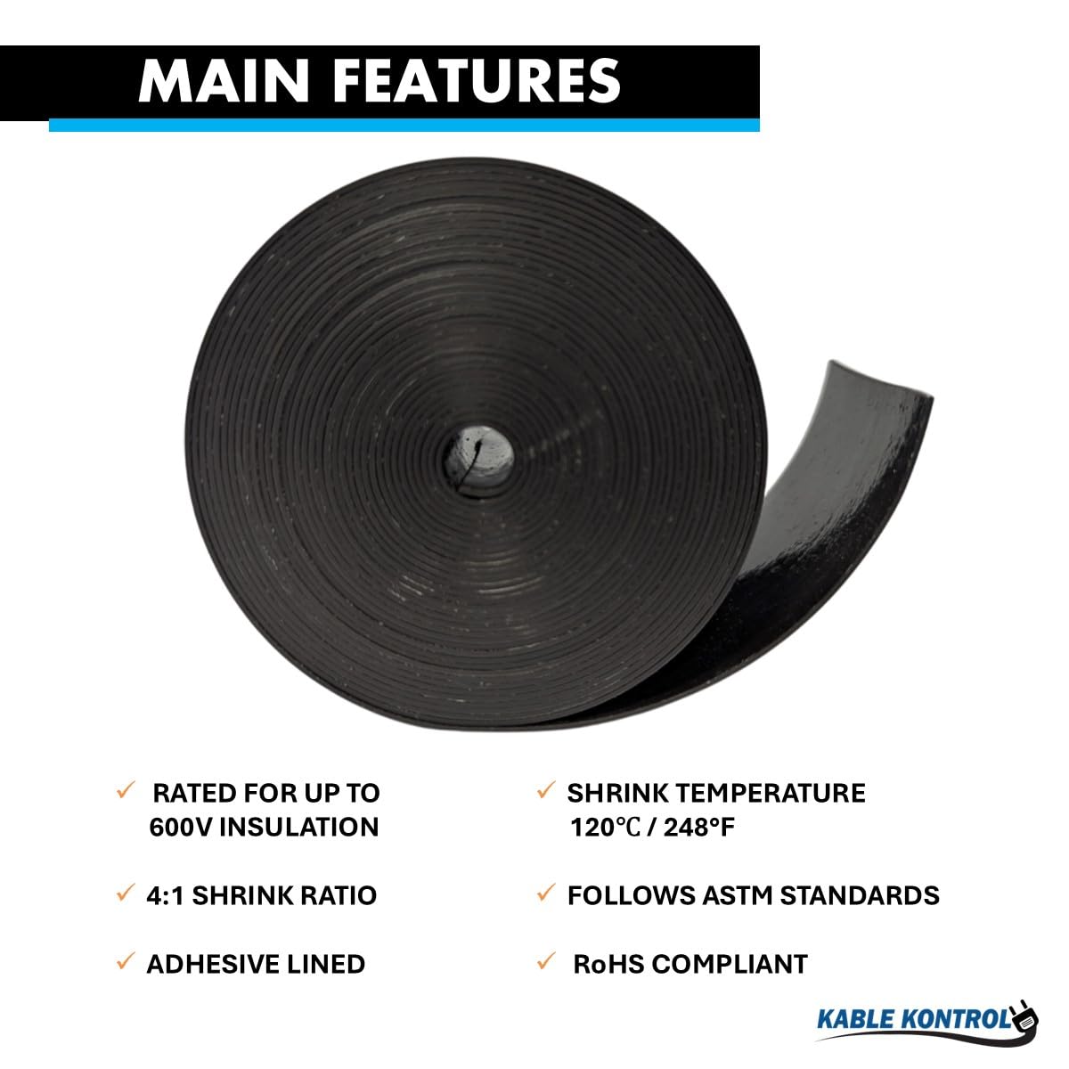 Heat Shrink Tape 2" x 16.5 ft – 4:1 Adhesive Lined Black TekShack
