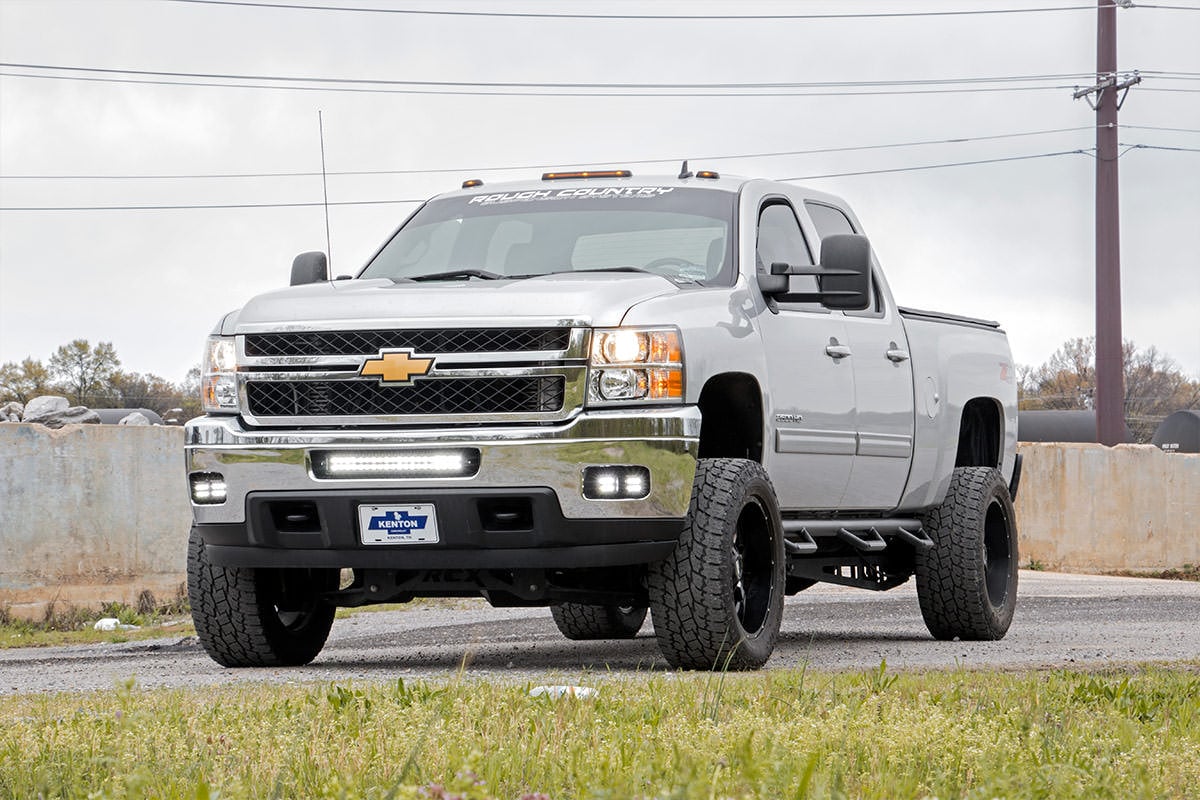 LED Light Kit Fog Mount 2 Inch Black Pair White DRL Chevy Silverado 2500 HD/3500 HD (11-14) Rough Country