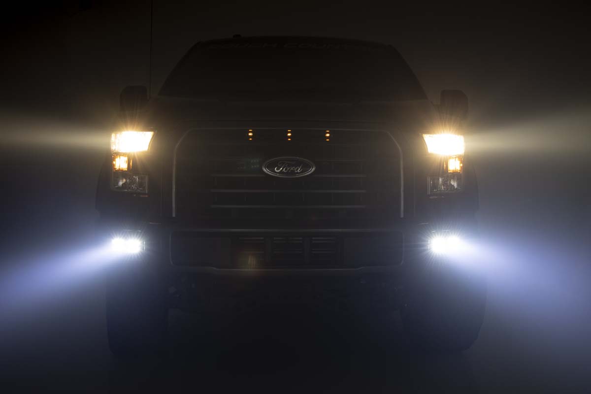 LED Light Kit Fog Mount Dual 2 Inch Black Pairs Flood Ford F-150 (15-17) Rough Country