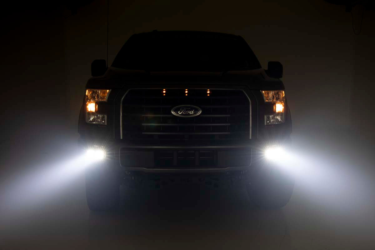 LED Light Kit Fog Mount Dual 2 Inch Black Pairs Flood Ford F-150 (15-17) Rough Country