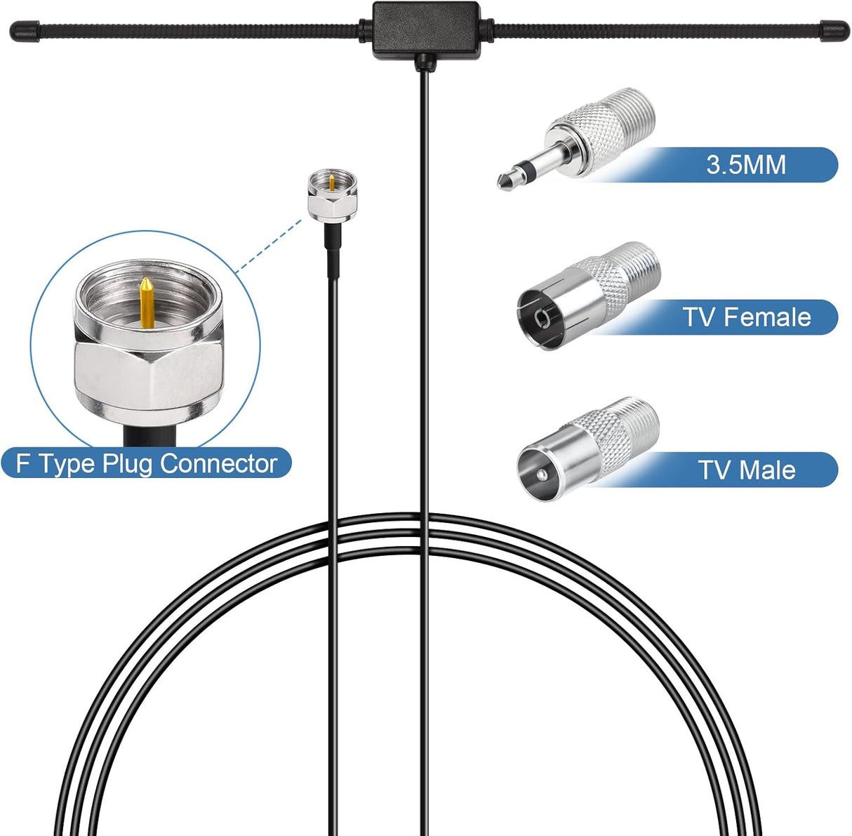 FM Radio Dipole Antenna – 75 Ohm Adhesive Mount with 10ft Cable & Universal Adapter Kit TekShack