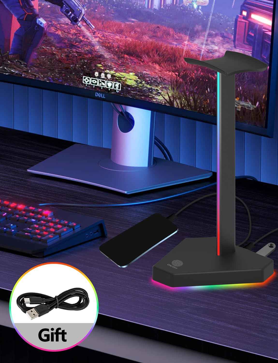 RGB Headphone Stand with USB-C Hub, 3 Charging Ports, 7 RGB Modes, Non-Slip Base, Black TekShack
