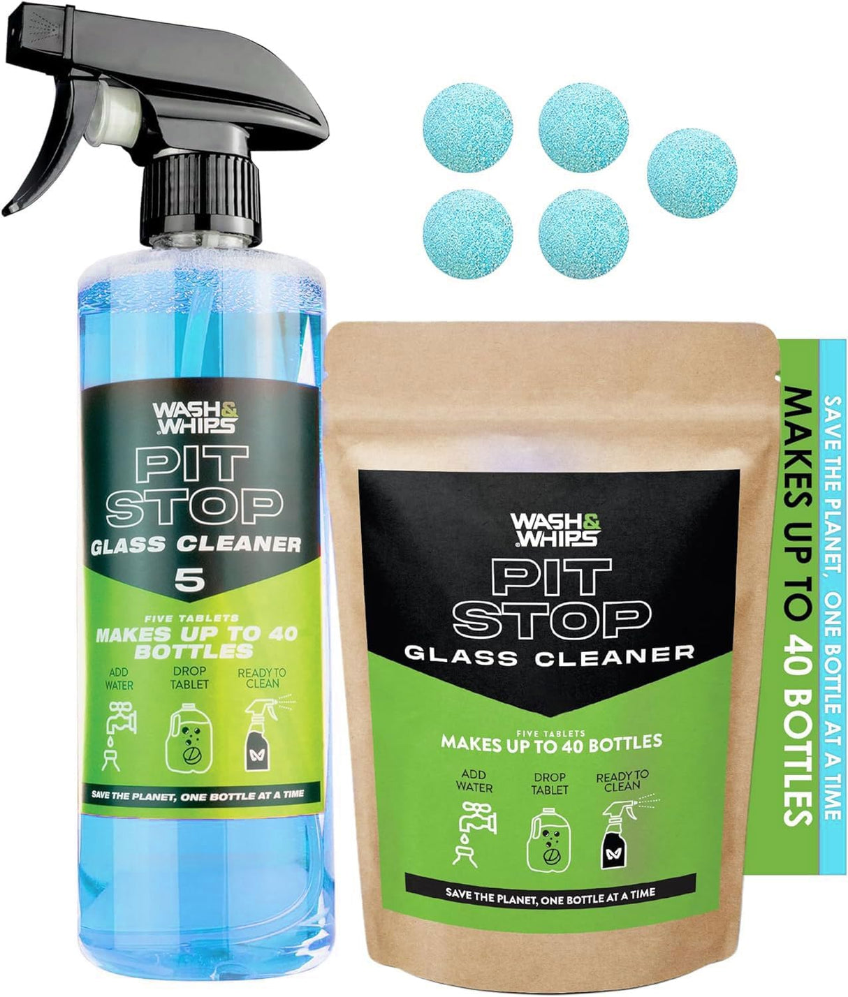 WASH&WHIPS Pit Stop Glass Cleaner / All Surface Cleaner Refill Tablets (Makes 5 Gallons) WASH & WHIPS