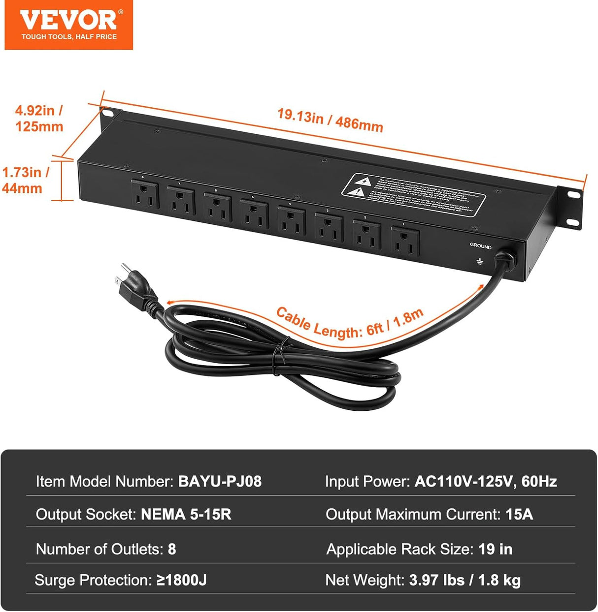 1U Rack PDU Power Strip – 8 Outlet, Surge Protected, 6ft Cord Vevor