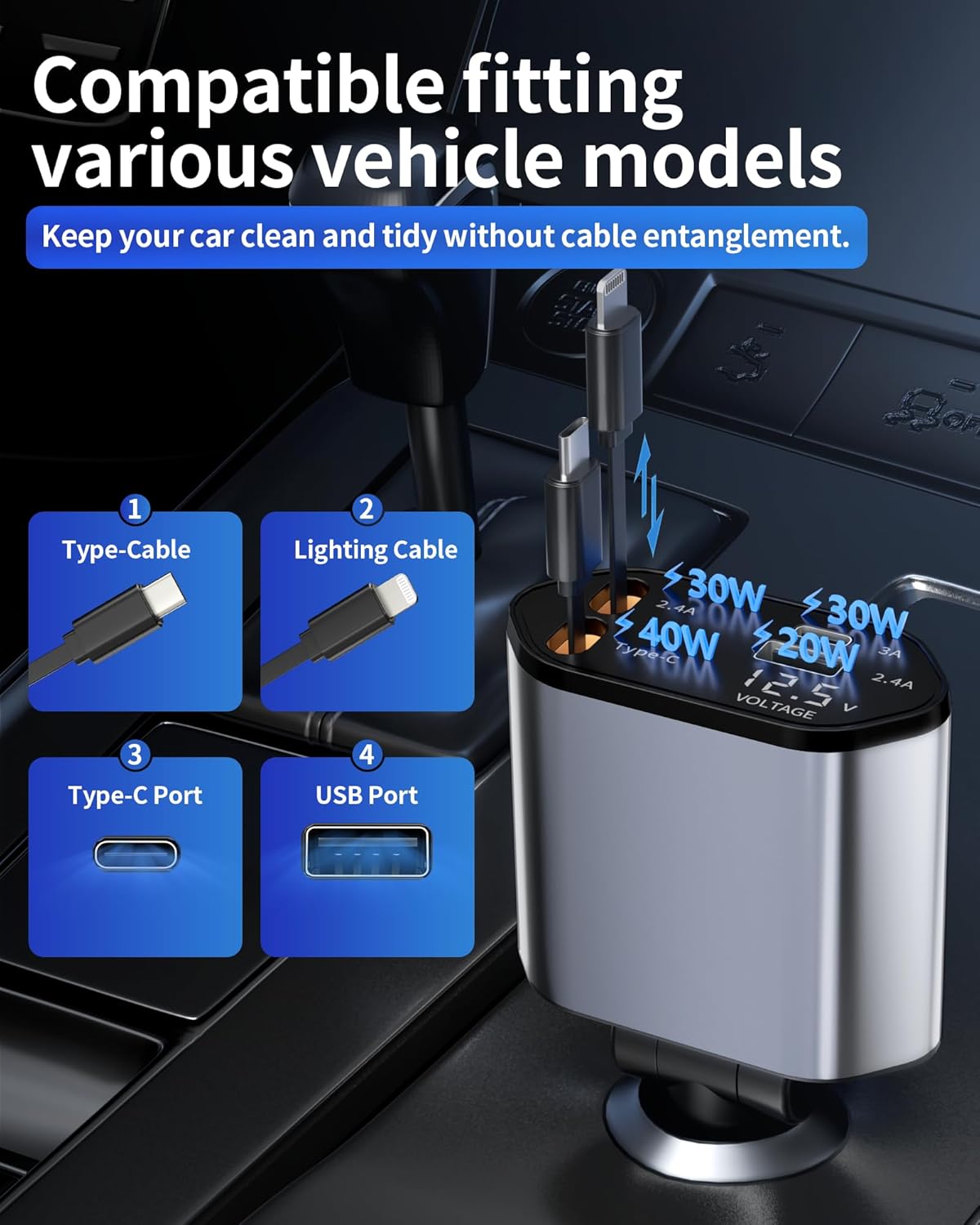 Retractable Car Charger – 4-in-1 USB-C & USB-A, Fast Charging, 180° Swivel TekShack