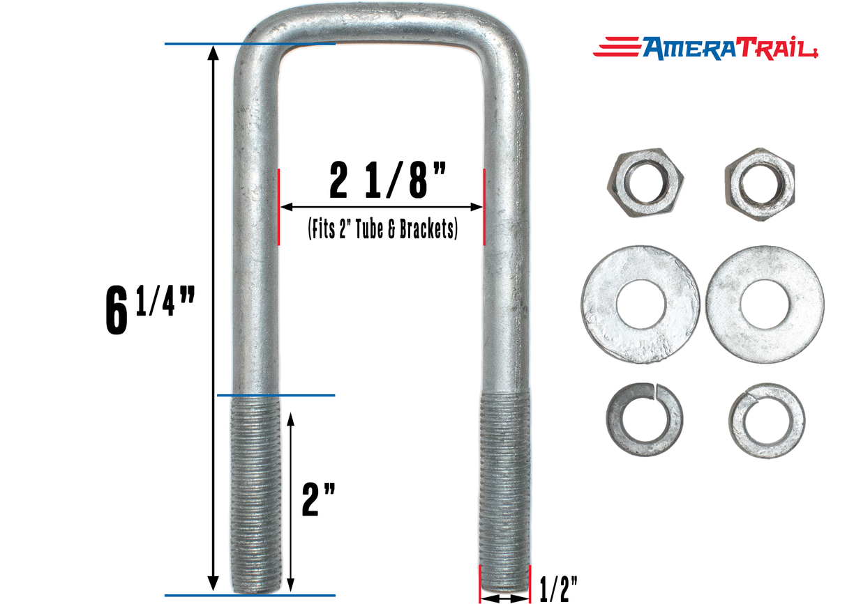 Galvanized U Bolt 2 1/8" x 6 1/4" x 1/2" w/ 2 Flat Washers, 2 Lock Washers, & 2 Nuts
