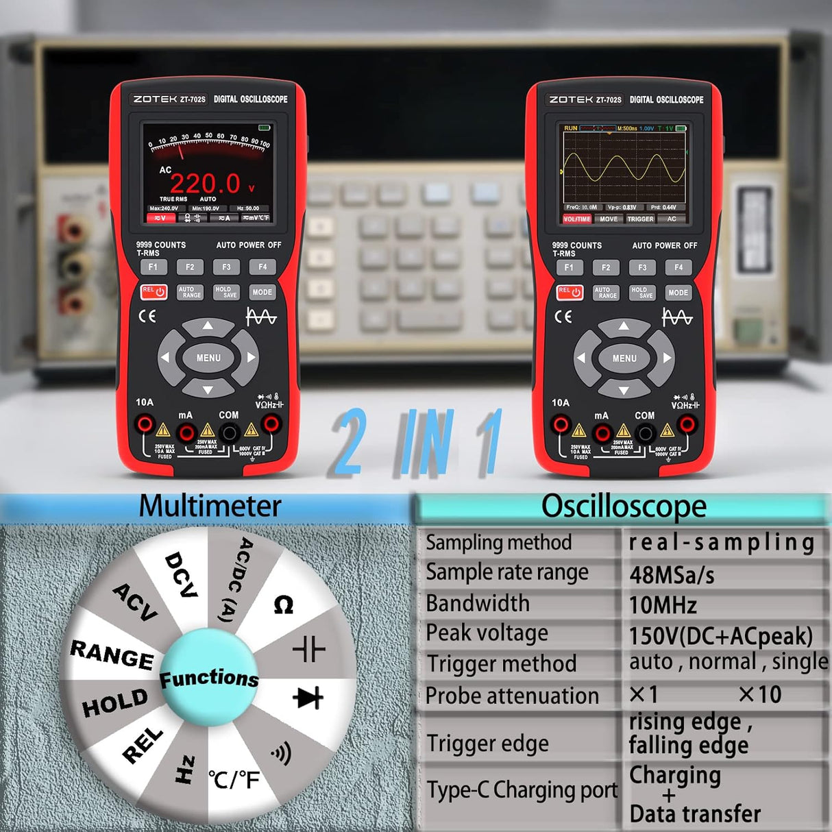 2-in-1 Oscilloscope Multimeter – 10MHz Bandwidth, TekShack