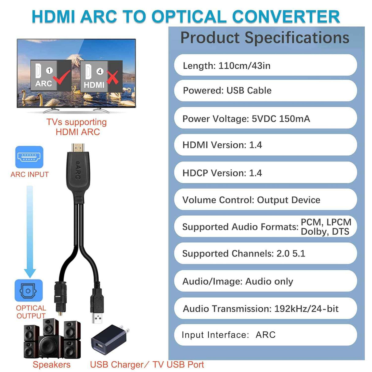 HDMI ARC to Optical Audio Converter for TV & Soundbar, Dolby DTS 5.1 TekShack