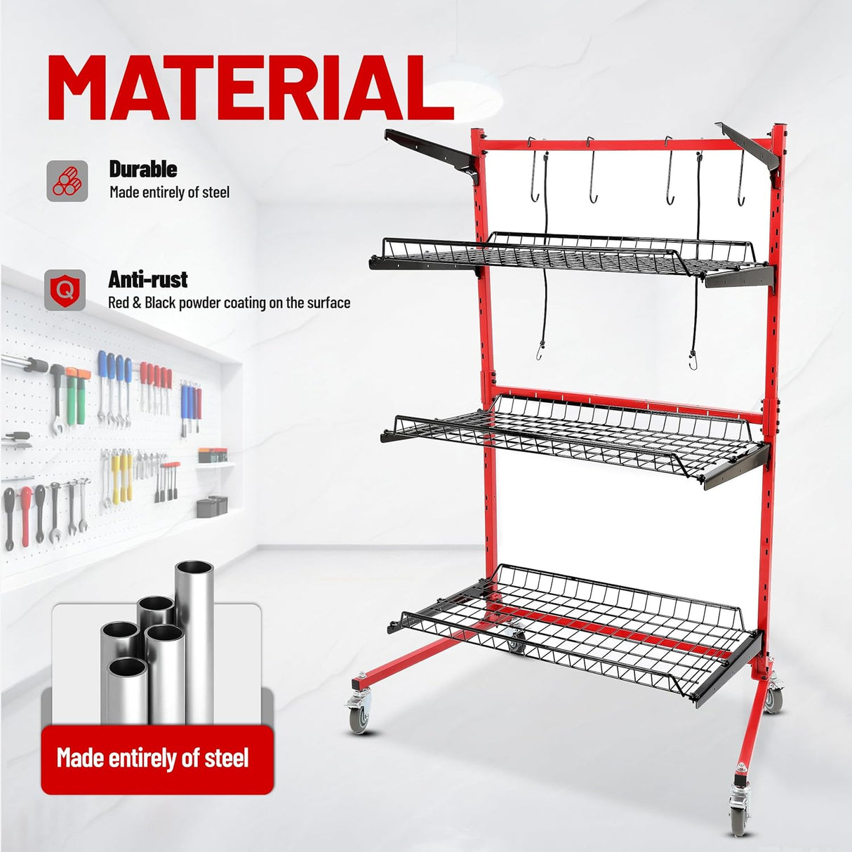 Rolling 3 Shelf Auto Body Parts Storage Rack Steel Red